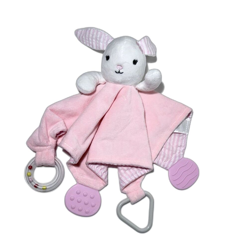 Modern Baby Pink Bunny Security Blanket Lovey Seersucker Stripes Teether Rattle